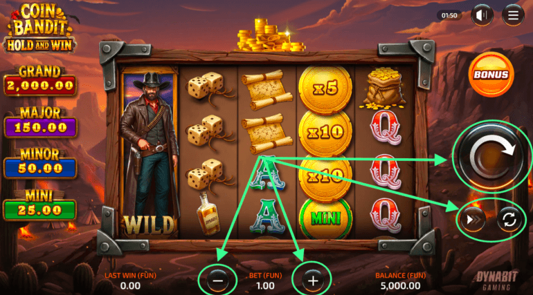 Coin Bandit gameplay &mdash; parrilla con sacos de plata acumulados esperando al Bandit Wild recolector Pin Up Chile